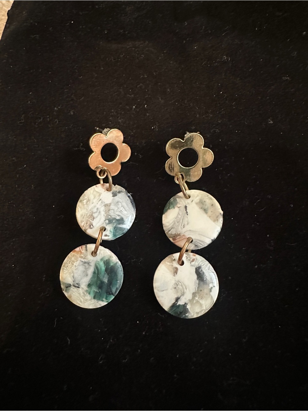 Handcrafted Green Marble Double-Drop Flower Earrings
